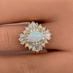 Art Deco Golden Oval Cut Opal & White Sapphire Engagement Ring For Women
