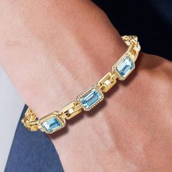 Golden Emerald Cut Aquamarine Sapphire Tennis Bracelet For Women