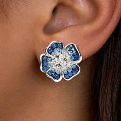 Two Tone Round Cut Blue Sapphire Flora Stud Earrings For Women