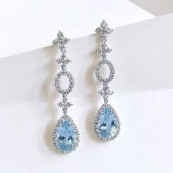 Halo Pear Cut Aquamarine Sapphire Drop Earrings For Women