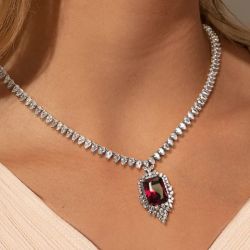 Halo Radiant Cut Ruby Sapphire Pendant Necklace For Women