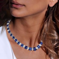 Classic Cushion Cut Blue Sapphire Tennis Necklace For Women