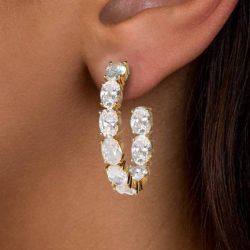 Golden Oval Cut White Sapphire Hoop Earrings For Women
