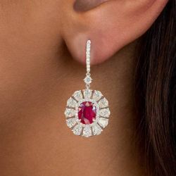 Double Halo Oval Cut Ruby Sapphire Drop Earrings For Women