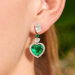 Halo Heart Cut Emerald Sapphire Drop Earrings For Women