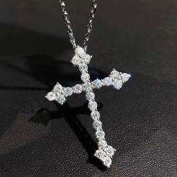 Classic Round Cut White Sapphire Cross Pendant Wedding Necklace For Women 