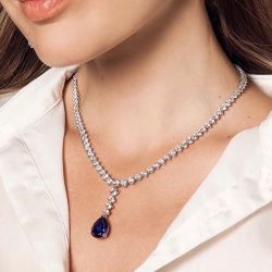 Classic Pear Cut Blue Sapphire Lariat Necklace For Women