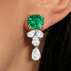 Elegant Two Tone Cushion Cut Emerald Drop Earrings For Women