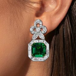 Rare Two Tone Halo Asscher Cut Emerald Sapphire Drop Earrings For Women