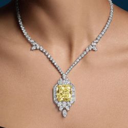 Elegant Two Tone Halo Radiant Cut Yellow Sapphire Pendant Necklace For Women