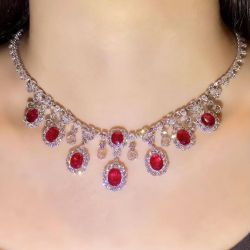 Luxury Halo Oval Cut Ruby Sapphire Pendant Necklace For Women