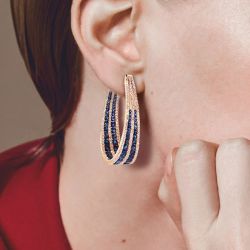 Rose Gold Multi Row Round Cut Blue Sapphire Hoop Earrings For Women  
