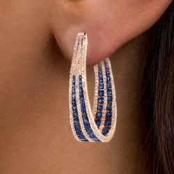 Rose Gold Multi Row Round Cut Blue & White Sapphire Hoop Earrings For Women
