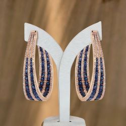 Rose Gold Multi Row Round Cut Blue Sapphire Hoop Earrings For Women  