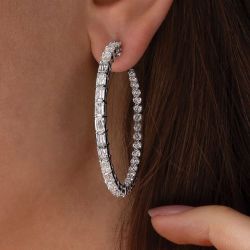 Classic Baguette & Round Cut White Sapphire Hoop Earrings For Women