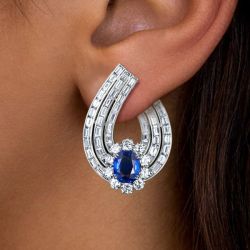 Halo Cushion Cut Blue Sapphire Hoop Earrings For Women 