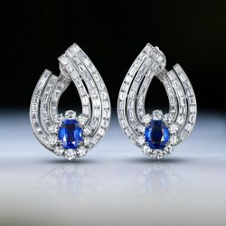 Halo Cushion Cut Blue Sapphire Hoop Earrings For Women 