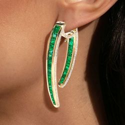 Golden Baguette Cut Emerald Sapphire Hoop Earrings For Women