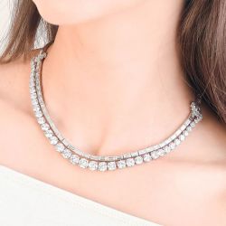 Classic Double Row Round Cut White Sapphire Tennis Necklace For Women