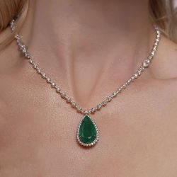 Halo Two Tone Pear Cut Emerald Sapphire Pendant Necklace For Women