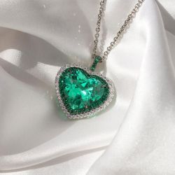 Two Tone Double Halo Heart Cut Emerald Sapphire Pendent Necklace For Women 