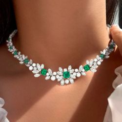 Cluster Design Asscher Cut Emerald Sapphire Necklace For Women