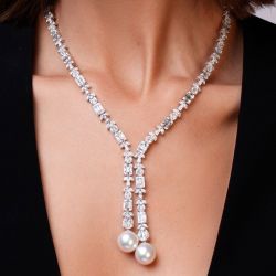 Cluster Design Marquise Cut Pearl & White Sapphire Lariat Necklace For Women