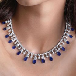 Classic Pear & Round Cut Blue Sapphire Necklace For Women 