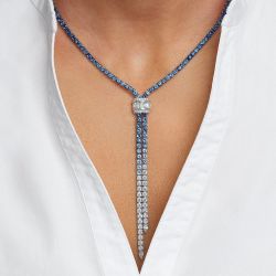 Two Tone Round Cut Blue Sapphire Lariat Necklace For Women 