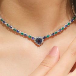 Halo Heart Cut Blue Sapphire Pendent Necklace For Women