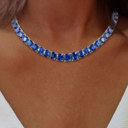 Classic Cushion Cut Blue Sapphire Tennis Necklace For Women 