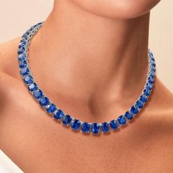 Classic Cushion Cut Blue Sapphire Tennis Necklace For Women 