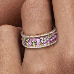 Golden Round Cut Peridot & Amethyst Sapphire Wedding Band For Women  