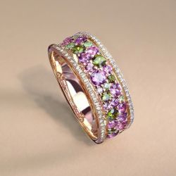 Golden Round Cut Peridot & Amethyst Sapphire Wedding Band For Women  