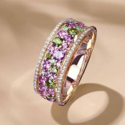 Golden Round Cut Peridot & Amethyst Sapphire Wedding Band For Women  