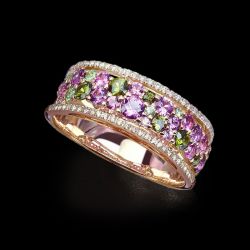 Golden Round Cut Peridot & Amethyst Sapphire Wedding Band For Women  