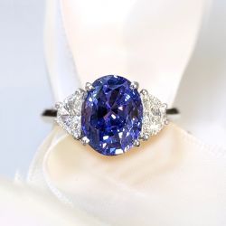 Three Stone Oval Cut Blue Sapphire Engagement Ring For Women 
