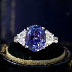 Three Stone Oval Cut Blue Sapphire Engagement Ring For Women 