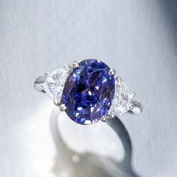 Three Stone Oval Cut Blue Sapphire Engagement Ring For Women 