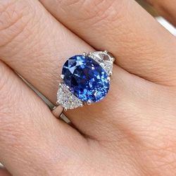 Three Stone Oval Cut Blue Sapphire Engagement Ring For Women 