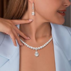 Pear Cut White Sapphire Necklace & Earrings Set For Women 
