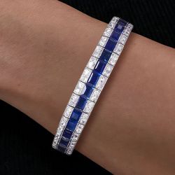 Milgrain Emerald Cut Blue Sapphire Tennis Bracelet For Women 