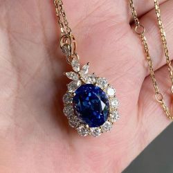 Golden Halo Oval Cut Blue Sapphire Pendant Necklace For Women 