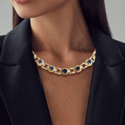 Golden Oval Cut Blue Sapphire Jewelry Wedding Necklace For Women 