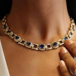Golden Oval Cut Blue Sapphire Jewelry Wedding Necklace For Women 