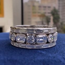 Emerald & Round Cut White Sapphire Wedding Band For Women 