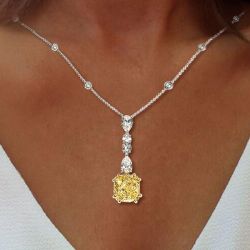Two Tone Radiant Cut Yellow Sapphire Pendant Wedding Necklace For Women  