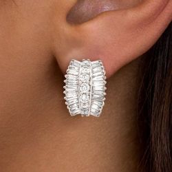 Baguette & Round Cut White Sapphire Hoop Earrings Women's Jewelry 