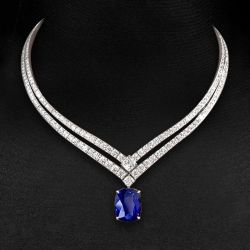 Double Row Cushion Cut Blue Sapphire Wedding Necklace Bridal Jewelry For Women 