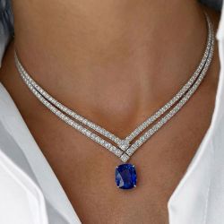 Double Row Cushion Cut Blue Sapphire Wedding Necklace Bridal Jewelry For Women 